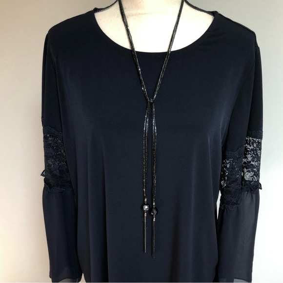 Susan Graver Navy Blue Floral Lace Bell Sleeve Liquid Knit Top Size Large - Picture 2 of 6